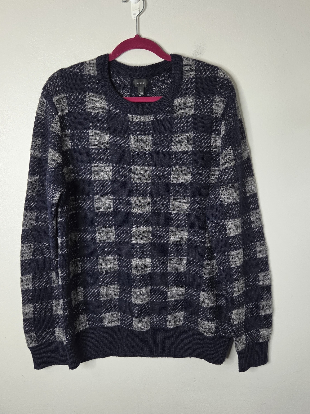 J. Crew Men’s Navy and Gray Gingham Check Wool, Linen & Alpaca Blend Sweater